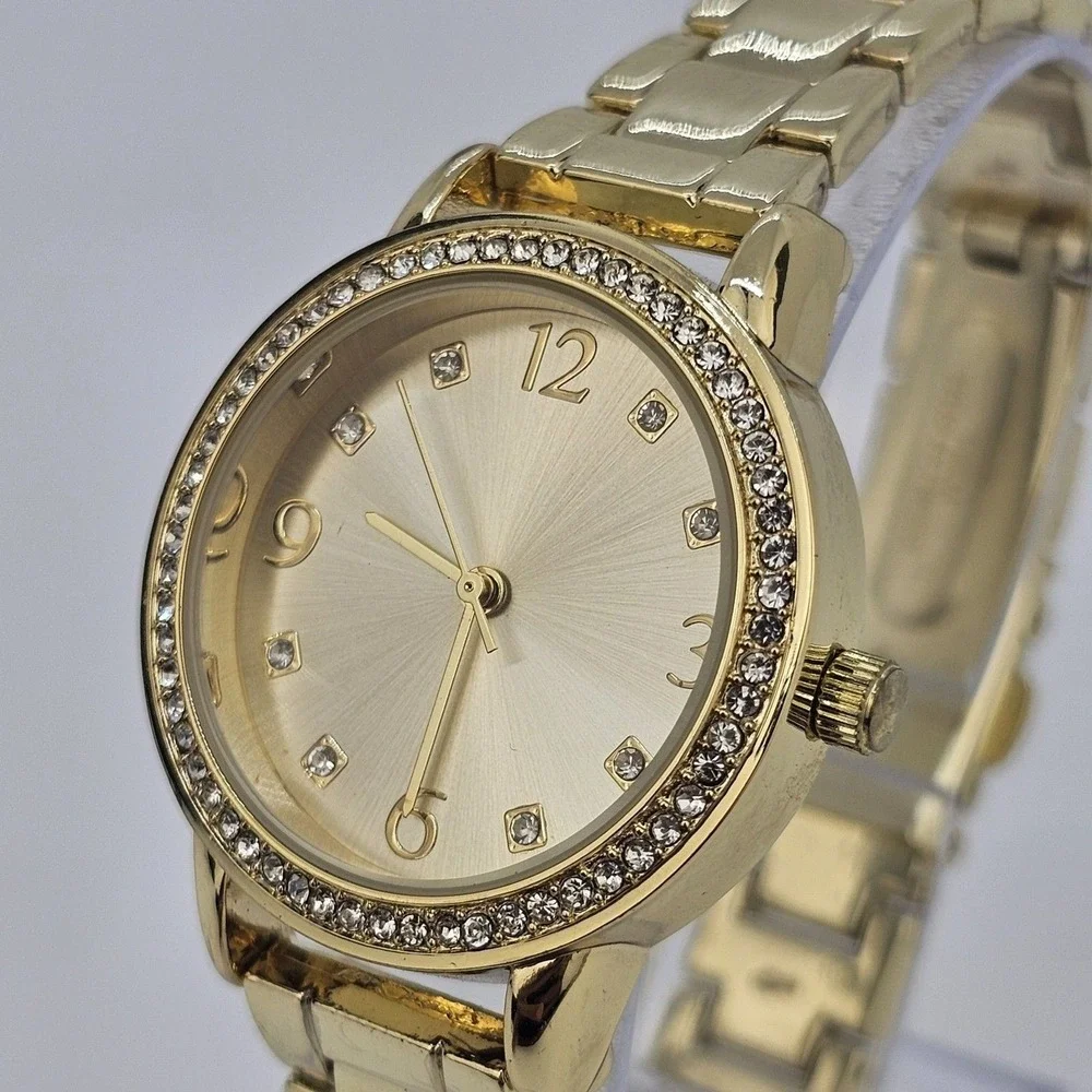 32MM Women's Watch Gold Dial Crystal Bezel Gold Bracelet Band New Battery‎